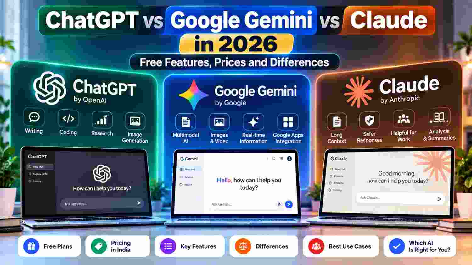 ChatGPT vs  Gemini vs Claude in 2026: Free Features, Prices and Differences